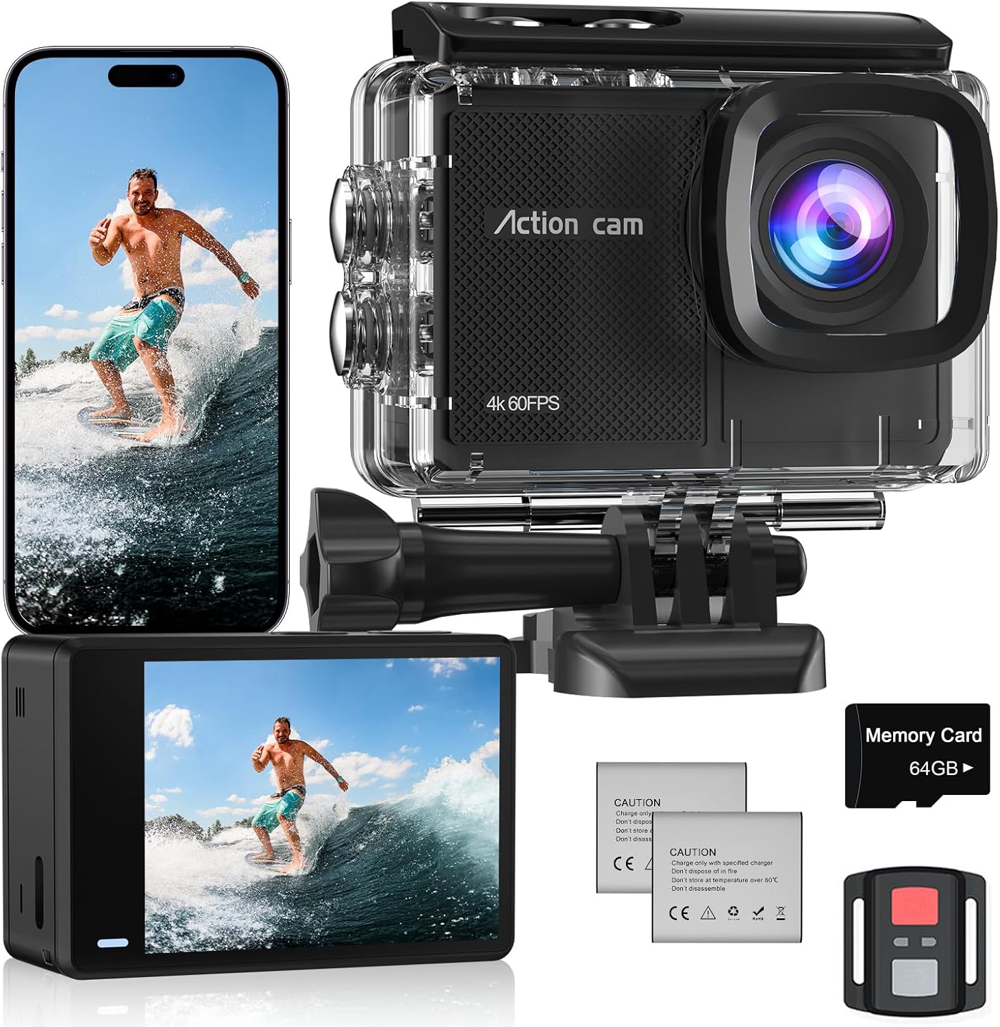 4K 60FPS Action Camera with 64GB Card-48MP Waterproof Camera,40M Underwater Camera,8X Zoom,EIS Stabilization,WiFi,Remote Control,MotorcycleCamera with 2 Rechargeable Batteries