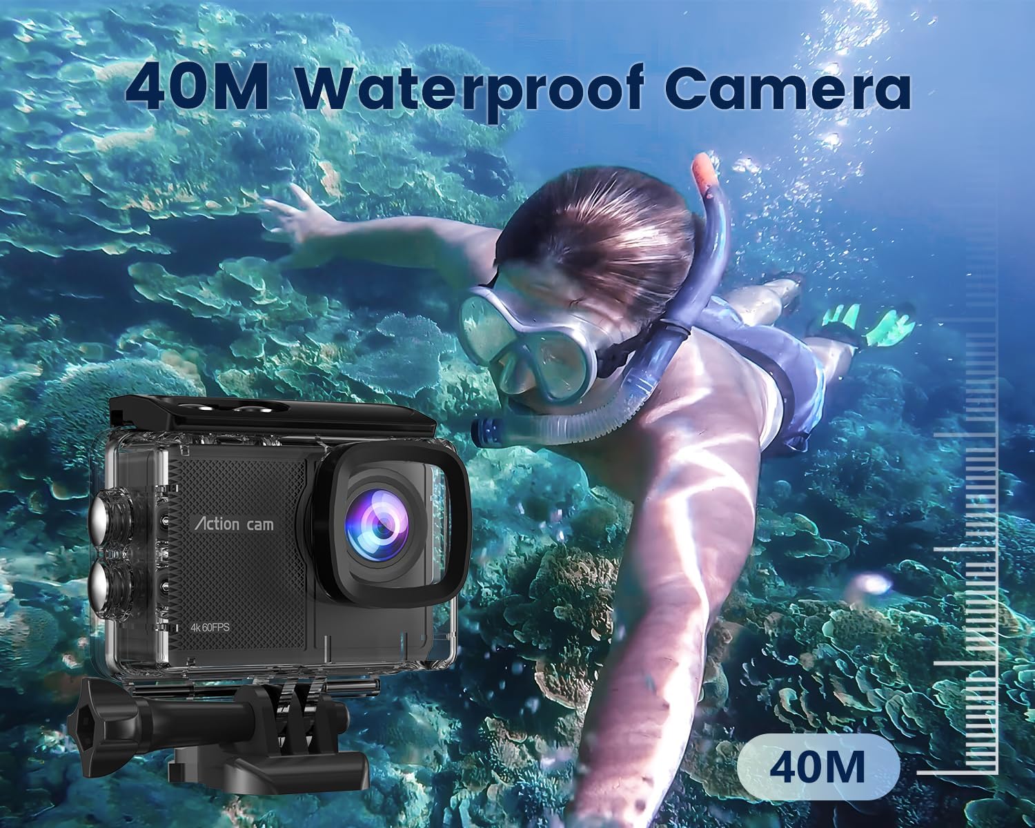4K 60FPS Action Camera with 64GB Card-48MP Waterproof Camera,40M Underwater Camera,8X Zoom,EIS Stabilization,WiFi,Remote Control,MotorcycleCamera with 2 Rechargeable Batteries - Image 3