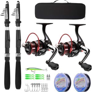 Fishing Pole Combo Set,2.1m/6.89ft 2PCS Collapsible Rods 2PCS Spinning Reels Lures Set Carrier Bag Carbon Fiber Telescopic Fishing Rods Sea Saltwater Freshwater Kit Fishing Rod Reel Combos